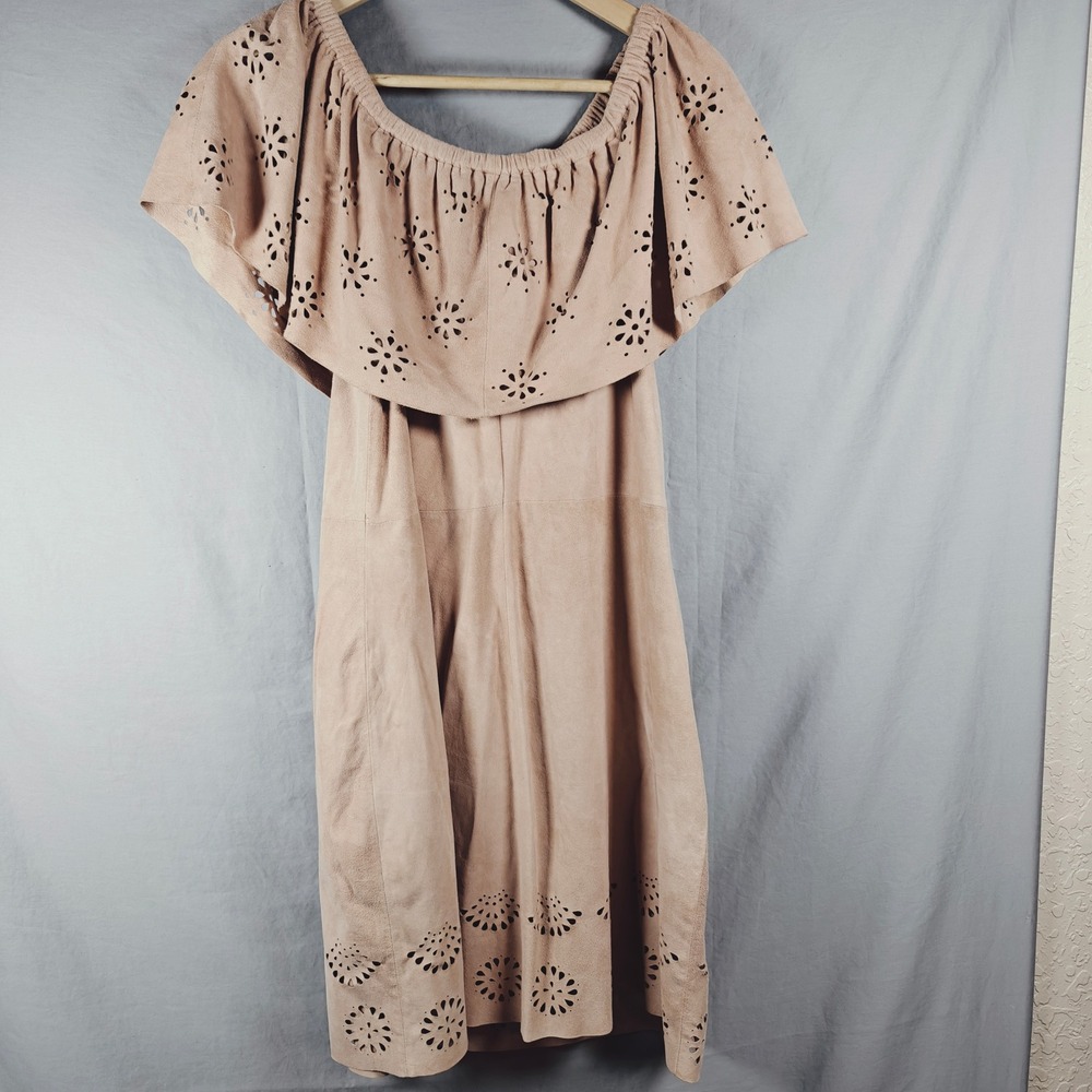 AS by DF Tan Leather Suede Off Shoulder Eyelet Ruffle Dress Tan Nude Medium READ - Picture 2 of 13